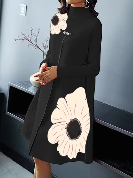 

High Elasticity Regular Sleeve Loose Long Sleeve Floral Elegant Stand Collar Mini Dress, Black, Midi Dresses