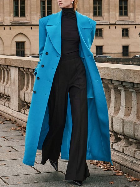 

Lapel Collar Long Sleeve Plain Urban Loose Coat With Belt, Blue, Coats