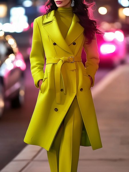 

Long Sleeve Regular Fit Plain Urban Coat With Belt, Yellow, Coats