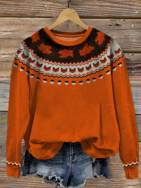 

Fall Fox Maple Leaves And Acorns Printed Casual Loose Crew Neck Sweatshirt, Orange, Hoodies&Sweatshirts