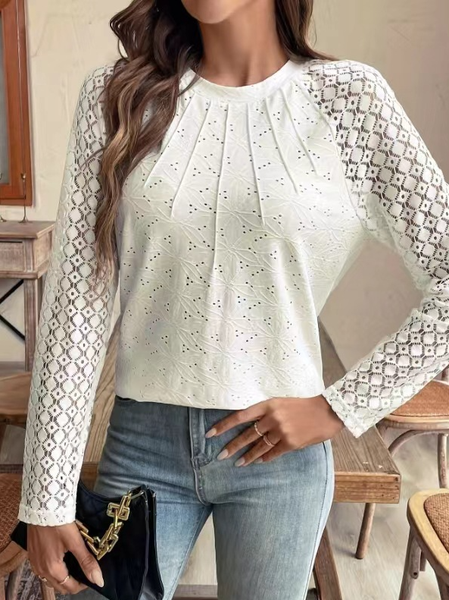 

Crew Neck Long Sleeve Plain Lace Regular Micro-Elasticity Loose Blouse For Women, White, Blouses