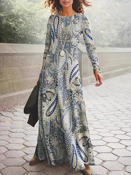 

Women Ethnic Crew Neck Long Sleeve Comfy Casual Maxi Dress, Blue, Maxi