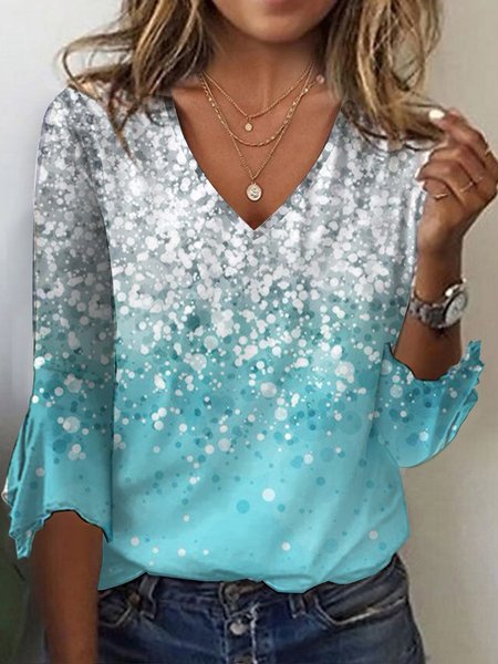

Women's Three Quarter Sleeve Tee T-shirt Spring/Fall Ombre Printing Jersey V Neck Holiday Going Out Vintage Top, Light blue, T-Shirts