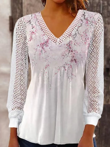 

V Neck Long Sleeve Plain Lace Regular Micro-Elasticity Loose Blouse For Women, Pink, Blouses