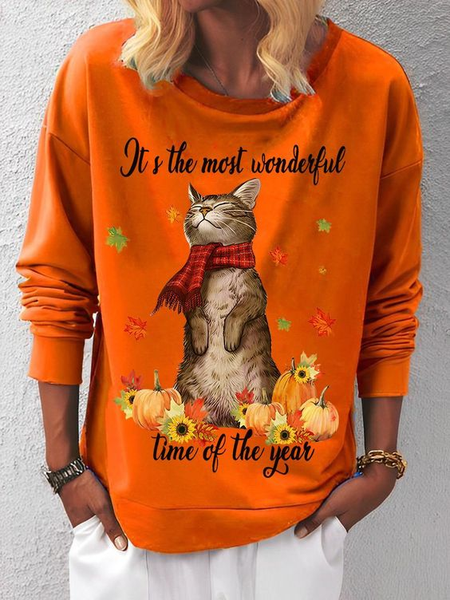 

It's The Most Wonderful Time Of The Year Cat Print Casual Crew Neck Maple Leaf Sweatshirt, Orange, Hoodies&Sweatshirts