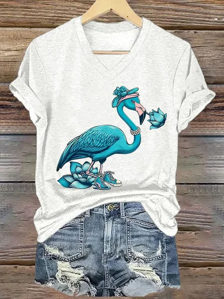 

Women's Pearl Necklace Canvas Shoes Lotus Blue Flamingo Print T-Shirt, White, T-shirts