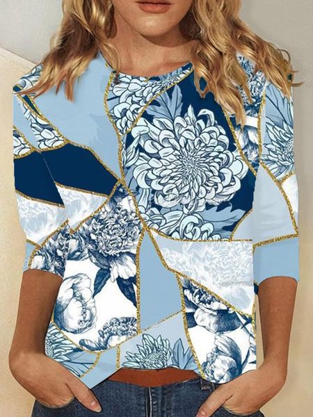 

Casual Floral Crew Neck Long Sleeve T-shirt, Blue, T-shirts