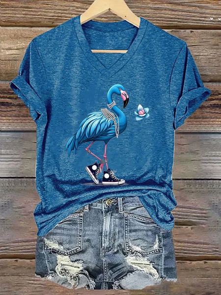 

Women's Pearl Necklace Canvas Shoes Flamingo Print T-Shirt, Blue, T-shirts