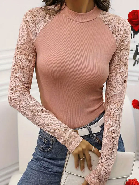 

Turtleneck Long Sleeve Plain Lace Regular Micro-Elasticity Loose Blouse For Women, Pink, Blouses