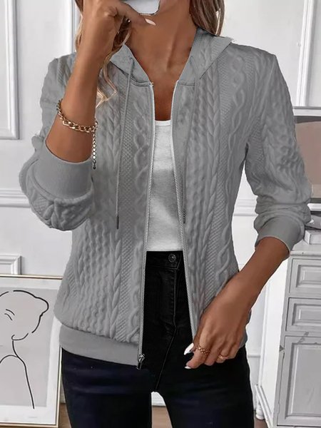 

Women's Spring/Fall Outerwear Casual Jacquard Zipper Plain Long Sleeve Hoodie Jacket, Gray, Jackets