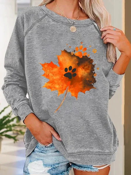 

Maple Leaf Dog Paw Print Casual Sweatshirt, Light gray, Hoodies&Sweatshirts