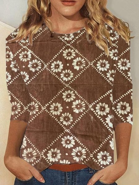 

Casual Ethnic Crew Neck Long Sleeve T-shirt, Brown, T-shirts