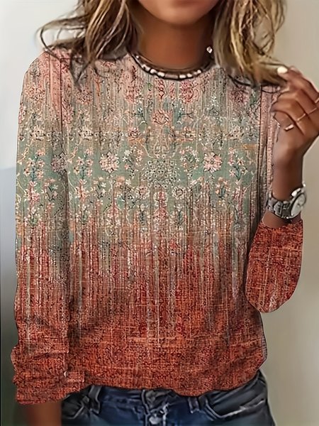 

Jersey Casual Crew Neck Loose T-Shirt, Multicolor, Long sleeves