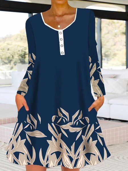 

Women Abstract Crew Neck Long Sleeve Comfy Casual Lace Mini Dress, Blue, Dresses