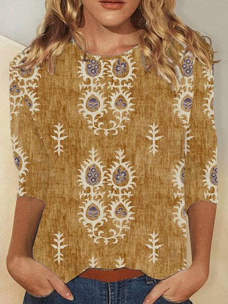 

Loose Crew Neck Ethnic Casual T-Shirt, Khaki, Long sleeves