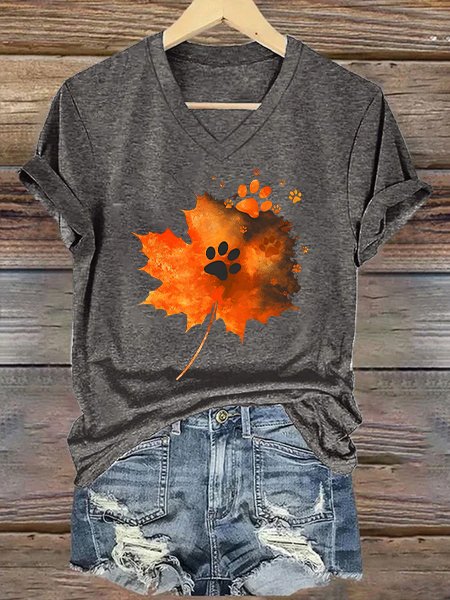 

Maple Leaf Dog Paw Print Text Letters Casual Loose V Neck T-Shirt, Deep gray, T-shirts