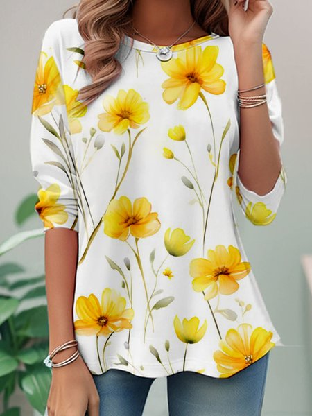

Casual Floral Crew Neck Long Sleeve T-shirt, Yellow, T-shirts
