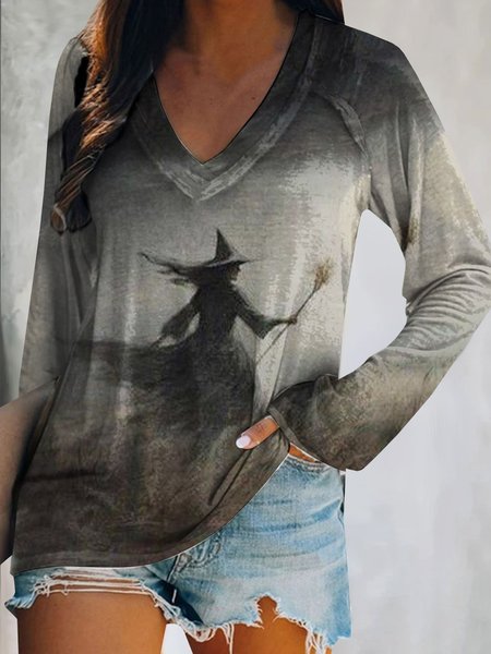 

Casual Halloween V Neck Long Sleeve T-shirt, Deep gray, T-shirts