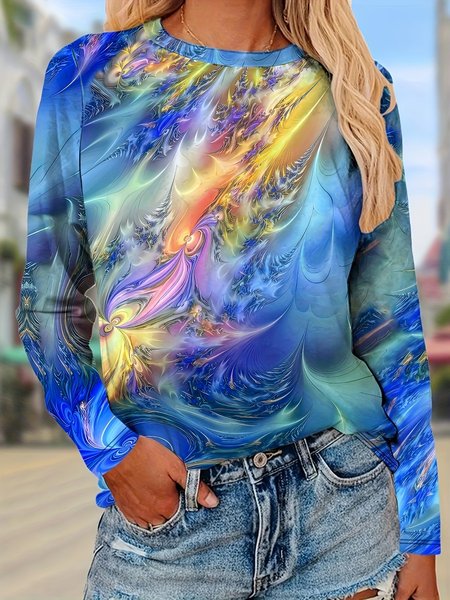 

Casual Abstract Crew Neck Long Sleeve T-shirt, Blue, T-shirts