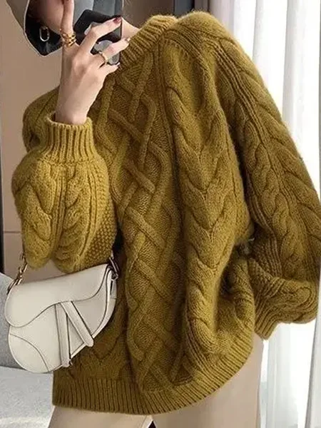 

Crew Neck Regular Sleeve Casual Sweater, Yellow brown, Pullovers