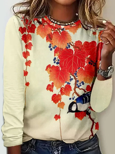 

Casual Floral Crew Neck Long Sleeve T-shirt, Yellow, T-shirts