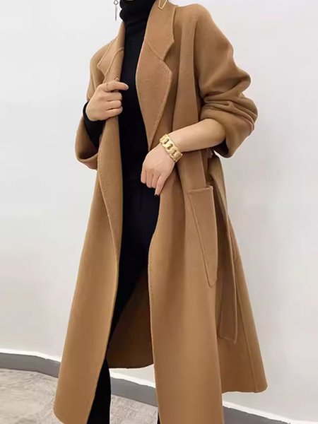 

Pocket Stitching Lapel Collar Regular Sleeve Urban Coat With Belt, Brown, Coats