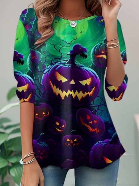 

Casual Halloween Jack-o'-lantern Print Crew Neck Long Sleeve T-shirt, Multicolor, T-shirts