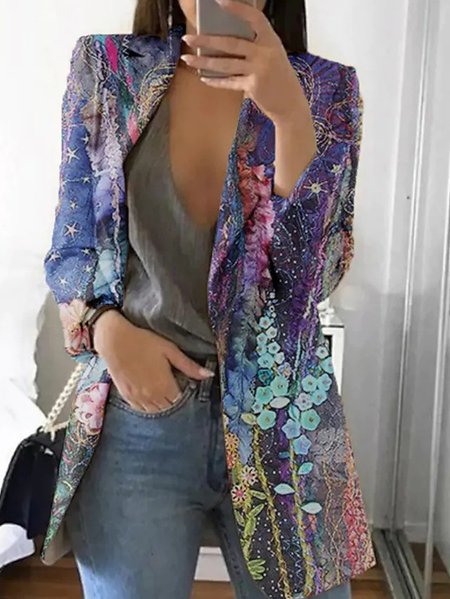 

Women's Abstract Spring/Fall Outerwear Casual Long Sleeve Lapel Collar Regular Blazer, Blue, Blazers
