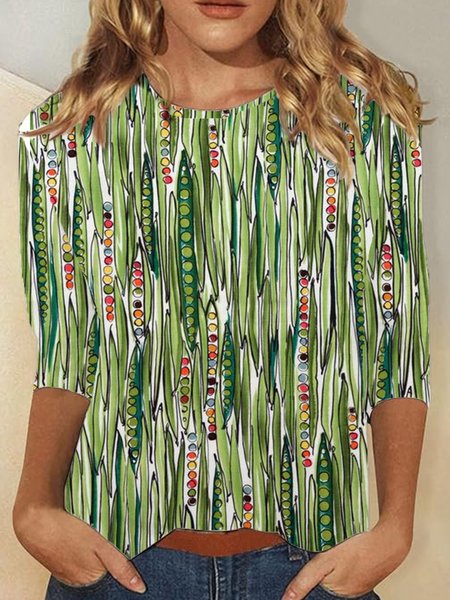 

Casual Striped Crew Neck Long Sleeve T-shirt, Green, T-shirts