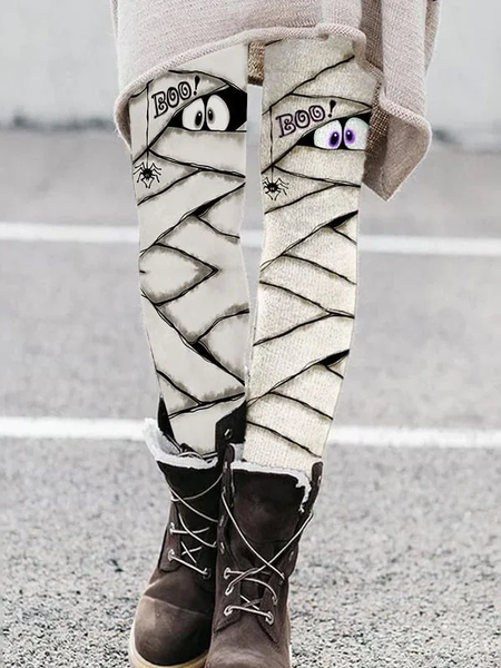 Fashion Halloween Peek Monster Print Leggings, Apricot, Pants