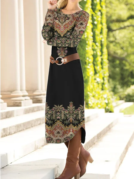 

Women's Long Sleeve Spring/Fall Ethnic Dress Crew Neck Daily Going Out Casual Maxi H-Line T-Shirt Dress, Black, Dresses