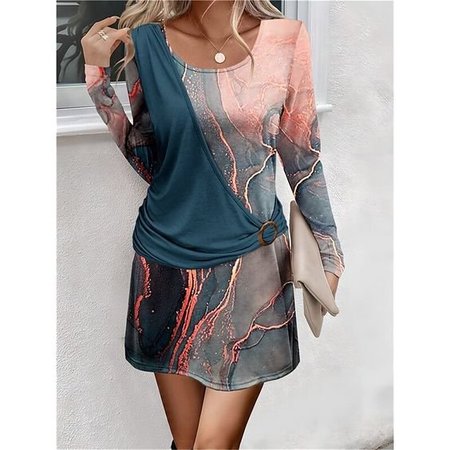 Women Abstract Long Sleeve Comfy Casual Lace Mini Dress, Pink, Dresses