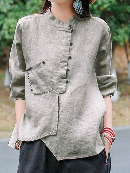 

Linen Stand Collar Cotton And Linen Shirt, Gray, Long/Full Length Sleeve