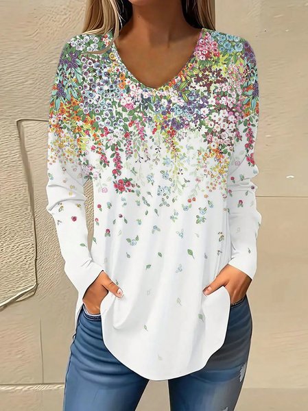 

Casual Floral Knitted Blouse, White, Long sleeves