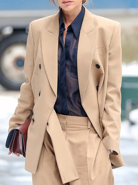 

Regular Sleeve Lapel Collar Plain Urban Blazer, Khaki, Blazers
