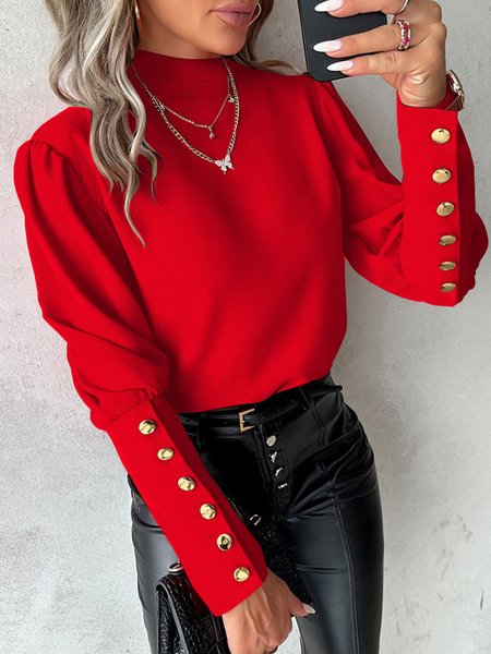 Mock Neck Long Sleeve Plain Buckle Regular Loose Blouse For Women, Red, Blouses