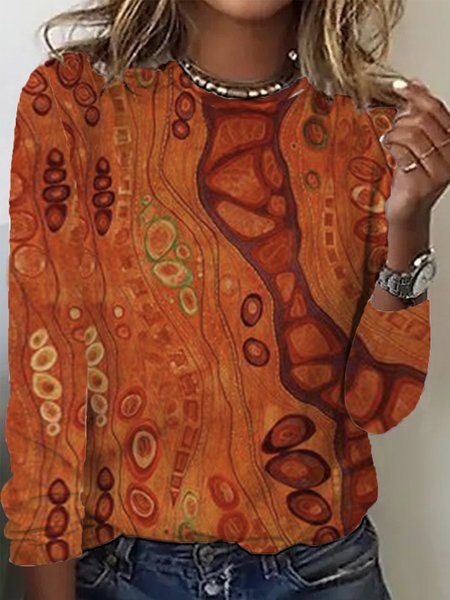 Casual Ethnic Crew Neck Long Sleeve T-shirt, Orange, T-shirts