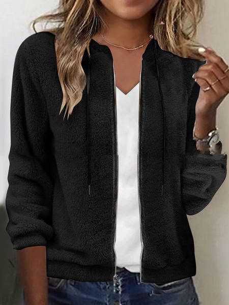 

Women's Plain Zipper Thicken Loose Jacket, Black, Outerwear