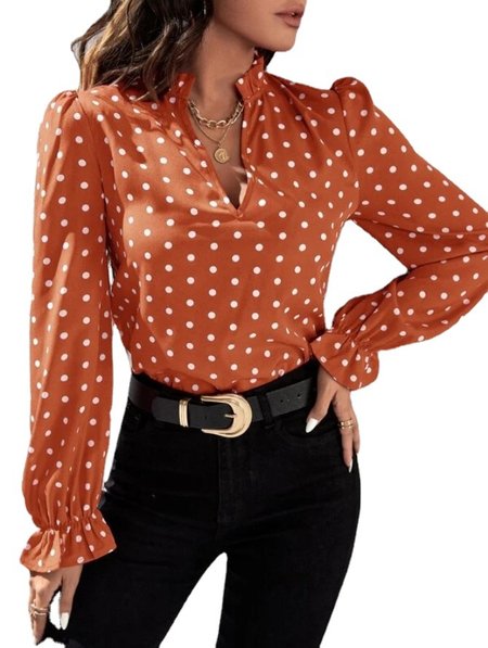 

Stand Collar Long Sleeve Polka Dots Regular Loose Blouse For Women, Orange, Blouses