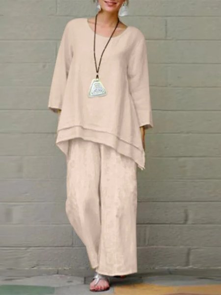 

Women Plain Crew Neck Three Quarter Sleeve Comfy Casual Top With Pants Two-Piece Set, Apricot, Sets