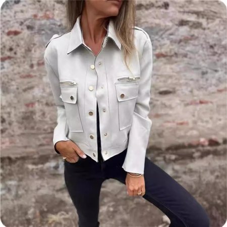 

Women's Spring/Fall Outerwear Casual Zipper Plain Long Sleeve Shirt Collar Jacket, White, Jackets