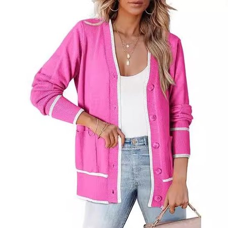 

Women's Casual Spring/Fall Plain Wool/Knitting Buckle Cardigan, Pink, Cardigans
