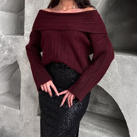 

Women's Spring/Fall Plain Casual Long Sleeve Wool/Knitting Sweater, Wine red, Sweaters