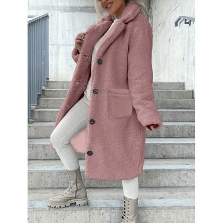 

Women's Winter Outerwear Teddy Velvet Casual Plain Long Sleeve Lapel Collar Fleece Coat, Pink, Coats