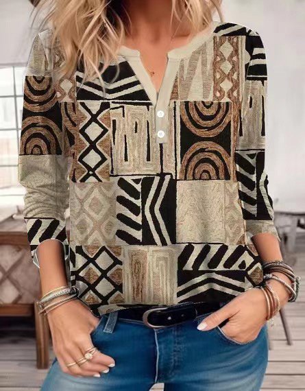 

Notched Long Sleeve Ethnic Regular Micro-Elasticity Loose Blouse For Women, Khaki, Blouses