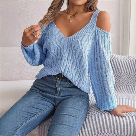 

Women's Spring/Fall Plain Casual Long Sleeve Cold Shoulder Wool/Knitting Sweater, Light blue, Sweaters