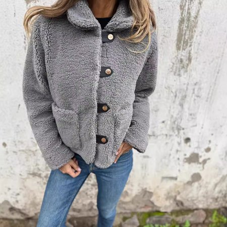 

Casual Shirt Collar Teddy Jacket, Gray, Outerwear