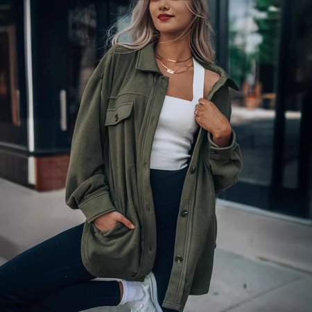 

Women's Spring/Fall Outerwear Casual Buckle Plain Long Sleeve Shirt Collar Jacket, Army green, Jackets