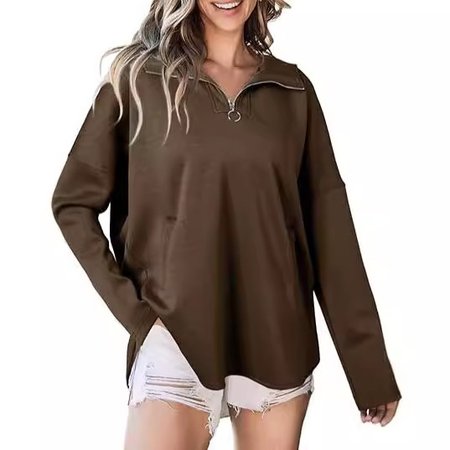 

Zipper Shawl Collar Casual Loose Sweatshirt With No, Deep brown, Outerwear