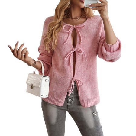 

Women's Bow Spring/Fall Plain Casual Long Sleeve Crew Neck Wool/Knitting Sweater, Pink, Sweaters